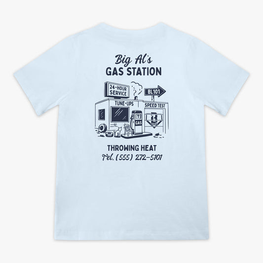Blue youth graphic tee with “Throwing Heat” design — back view
