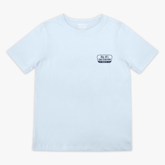 Blue youth graphic tee with “Throwing Heat” design — front view