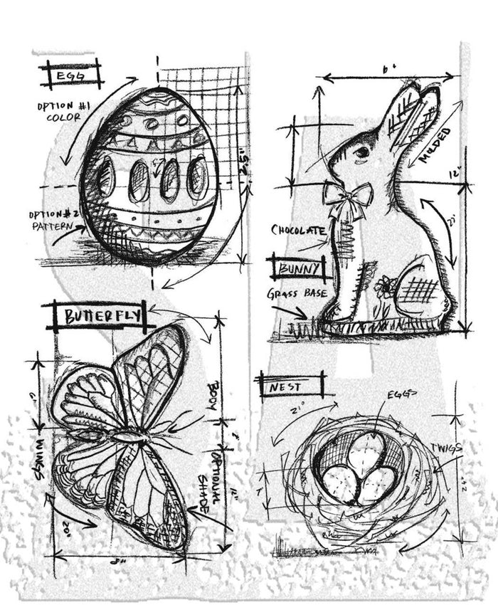 Tim Holtz - Cling Stamp - Easter Blueprint. Available at Embellish Away located in Bowmanville Ontario Canada.