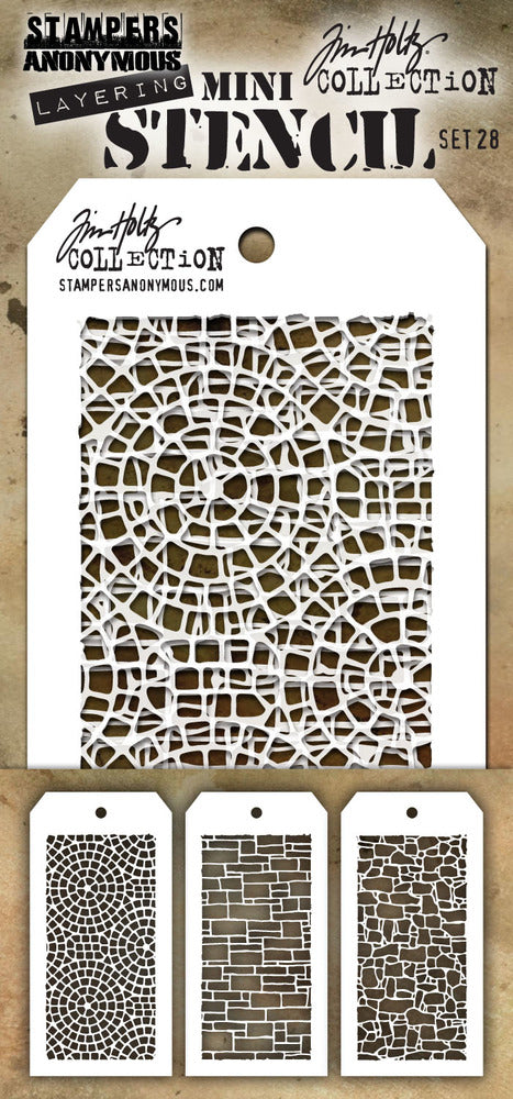 Tim Holtz - Mini Stencil Set - #28 (3pc). Available at Embellish Away located in Bowmanville Ontario Canada.