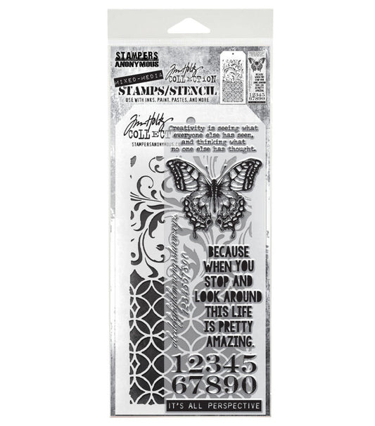 Tim Holtz - Mixed Media Clear Stamp & Stencil - #15. Available at Embellish Away located in Bowmanville Ontario Canada.