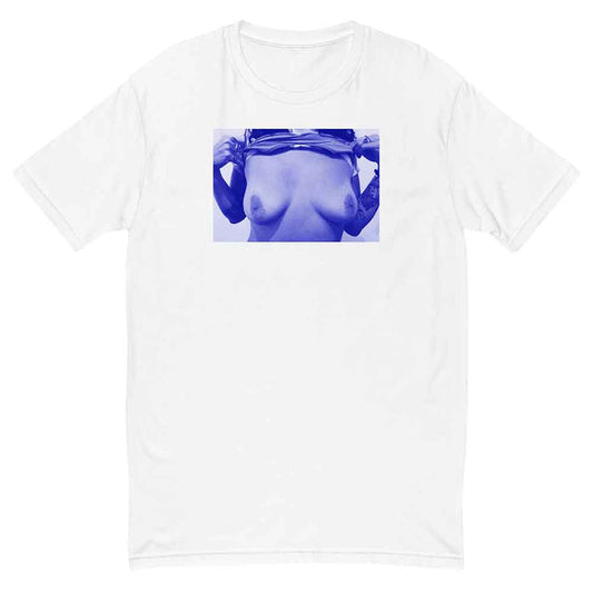 White t-shirt with a graphic of a person flashing their breasts on a white background