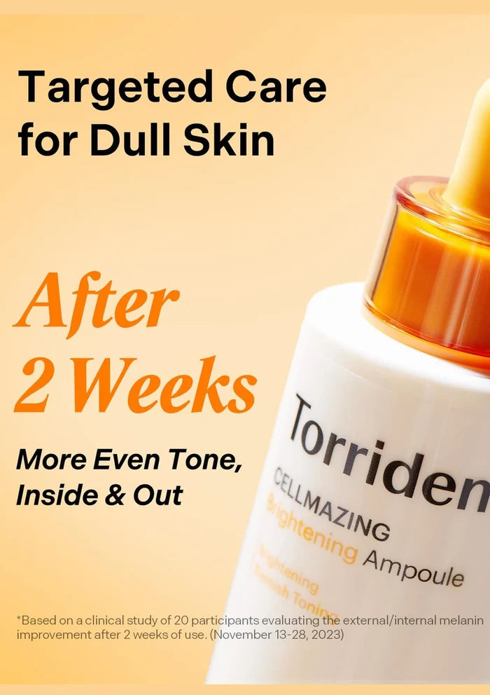 Torriden Cellmazing Brightening Ampoule with text on a beige background