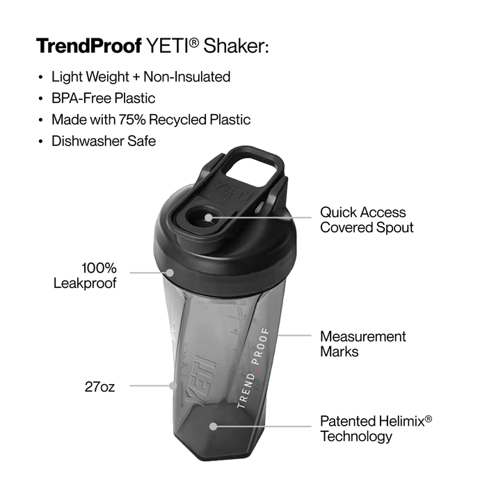 Product image of a TrendProof YETI® Shaker with text: “TrendProof YETI® Shaker: Light Weight + Non-Insulated; BPA-Free Plastic; Made with 75% Recycled Plastic; Dishwasher Safe.” Callouts label 100% Leakproof lid, Quick Access Covered Spout, 27oz capacity, Measurement Marks, and Patented Helimix® Technology.