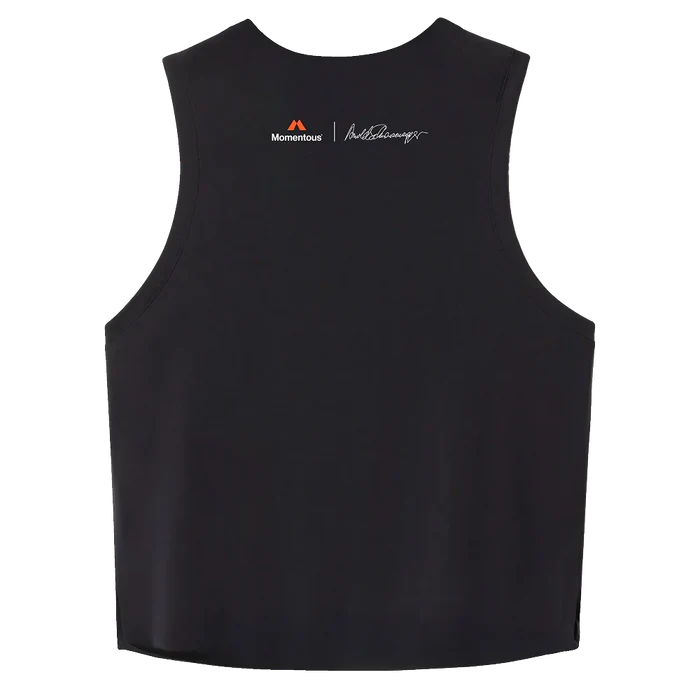 Back view of a black sleeveless athletic tank featuring the orange Momentous logo and Arnold Schwarzenegger’s signature printed below the neckline.