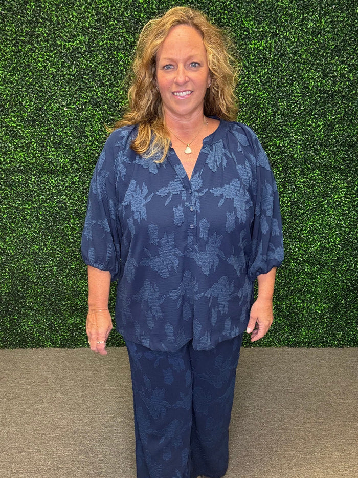 Umgee Floral Burnout Split Neck Top Navy