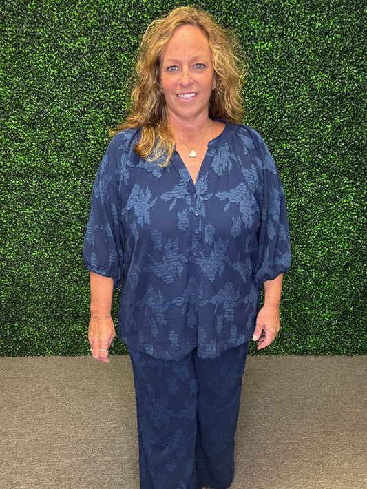 Umgee Floral Burnout Split Neck Top Navy