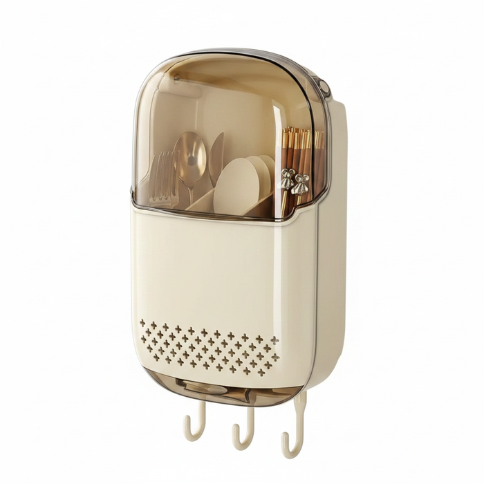 Wall-Mounted Cutlery Organiser cream with flip lid on white background