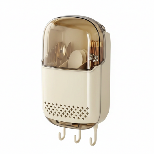 Wall-Mounted Cutlery Organiser cream with flip lid on white background