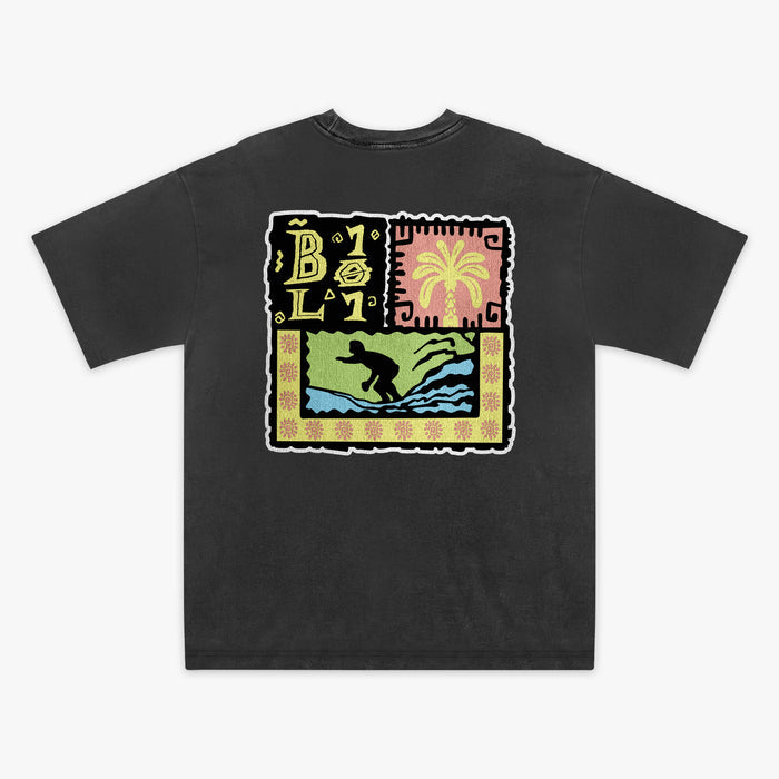 Black youth graphic tee with "Wave Goodbye" design — back view