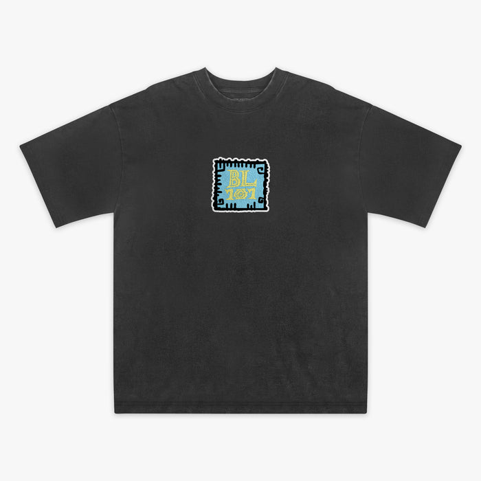 Black youth graphic tee with "Wave Goodbye" design — front view