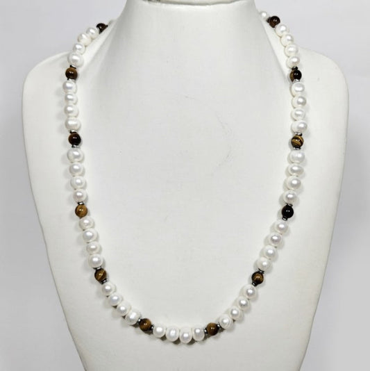 White Baroque Freashwater Pearl and Tiger Eye Necklace