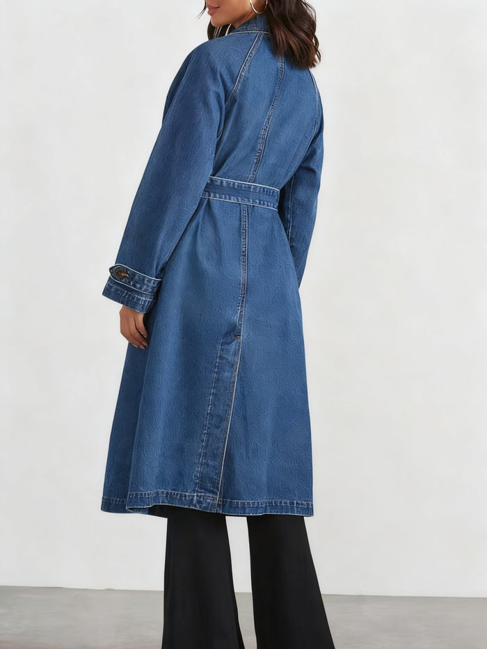 Women's Long Denim Windbreaker — Turtleneck Lace-Up Jacket