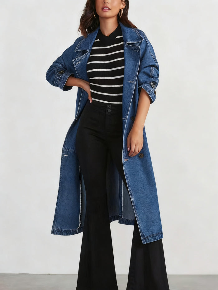 Women's Long Denim Windbreaker — Turtleneck Lace-Up Jacket