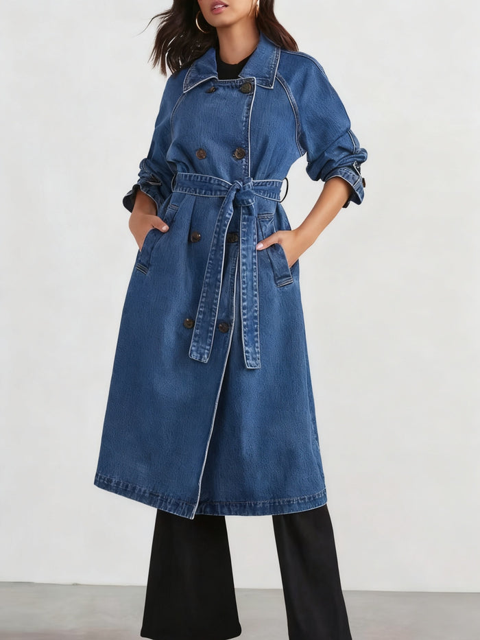 Women's Long Denim Windbreaker — Turtleneck Lace-Up Jacket