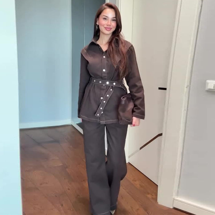 Womens Long-Sleeve Denim Jacket And Wide-Leg Jeans Two-Piece Set