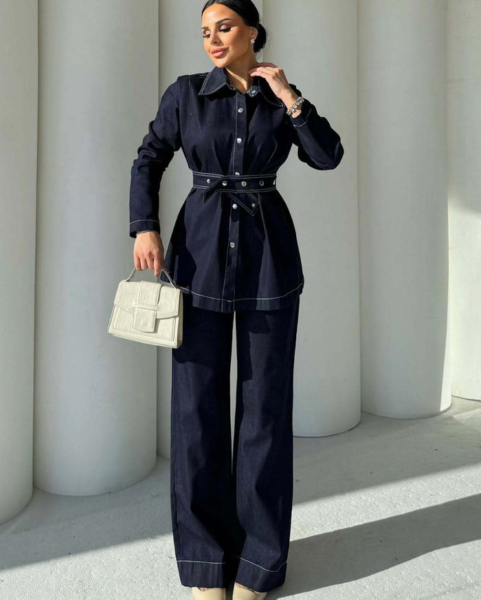 Womens Long-Sleeve Denim Jacket And Wide-Leg Jeans Two-Piece Set