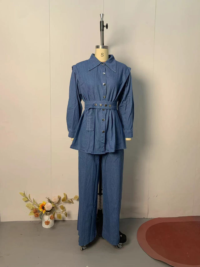 Womens Long-Sleeve Denim Jacket And Wide-Leg Jeans Two-Piece Set
