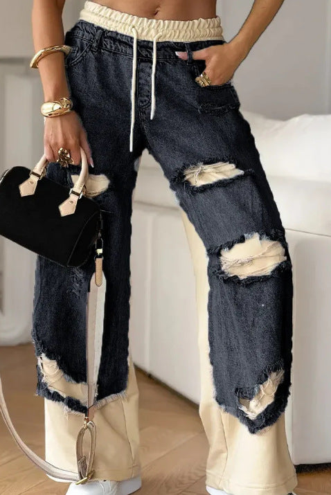 Women's Patchwork Jeans - Street Style Stitching Denim Pants