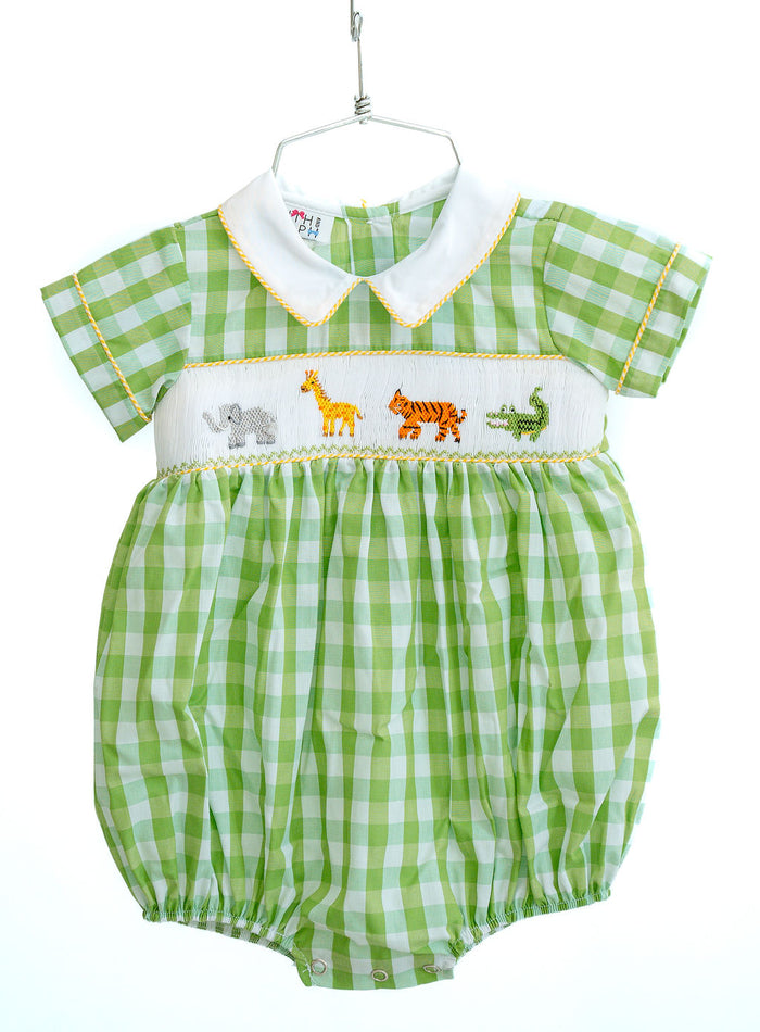 Newborn & Toddler Boys Green Buffalo Check Hand-Smocked Zoo Animals Bubble – Elephant, Giraffe, Tiger & Alligator – Sizes NB–3T
